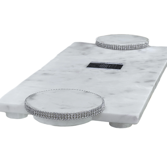 Marble Charcuterie Serving Board Dessert Tray 2 Raised Platforms w/Crystals 21x8