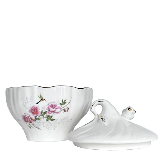 Candy Dish Bowl w/Cover Hummingbird & Pink Flowers Gold Accents Scalloped Rim