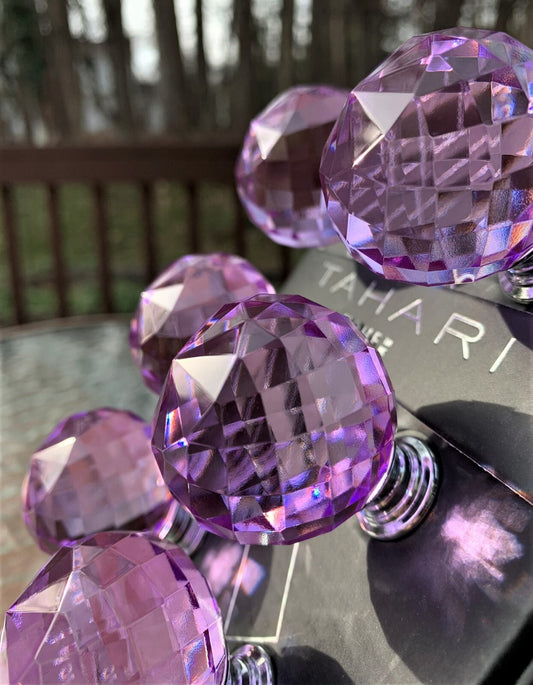 Tahari Cabinet Crystal Pull Drawer Knobs. Round Faceted, Sparkling Purple, Set/6