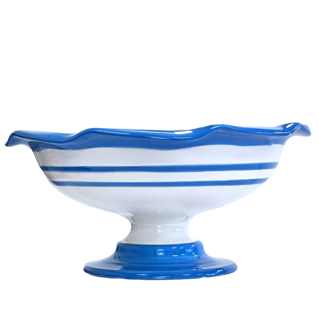 Fruit Bowl w/Pedestal Hand-Painted Vibrant Blue w/Raised Flowers & Blue Stripes