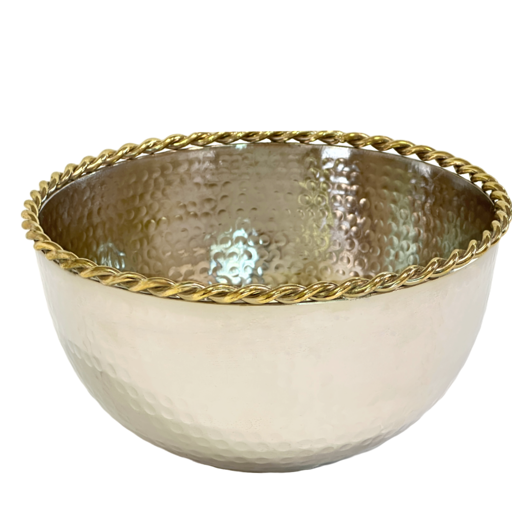 Large Round Bowl, Hammered Silver Metal & Gold Metal Rope Trim, Fridgerator Safe