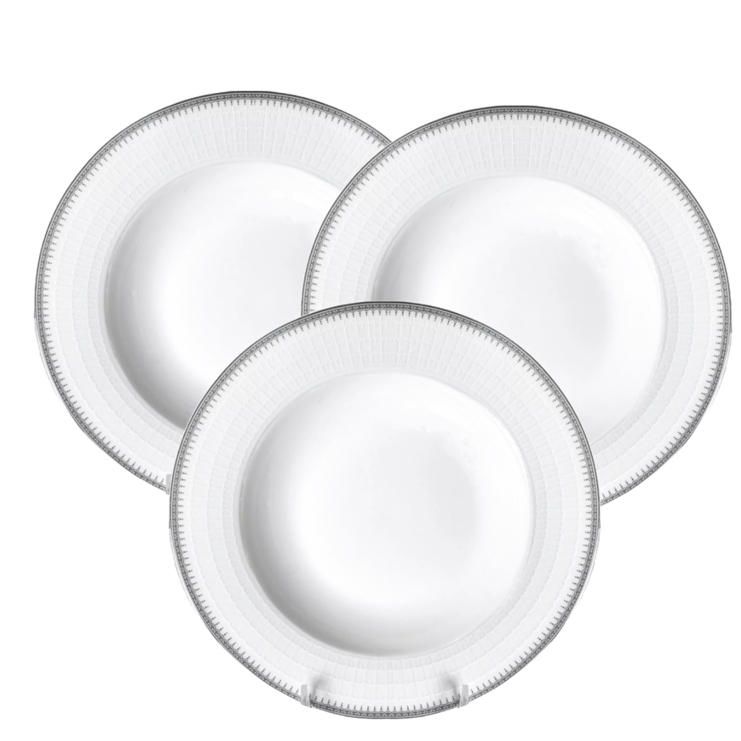 Joseph Sedgh SHERRY Fine Bone China Soup/Pasta Plate 9" White Lace Silver Rim x3