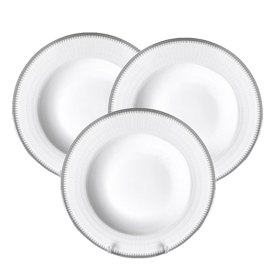 Joseph Sedgh SHERRY Fine Bone China Soup/Pasta Plate 9" White Lace Silver Rim x3