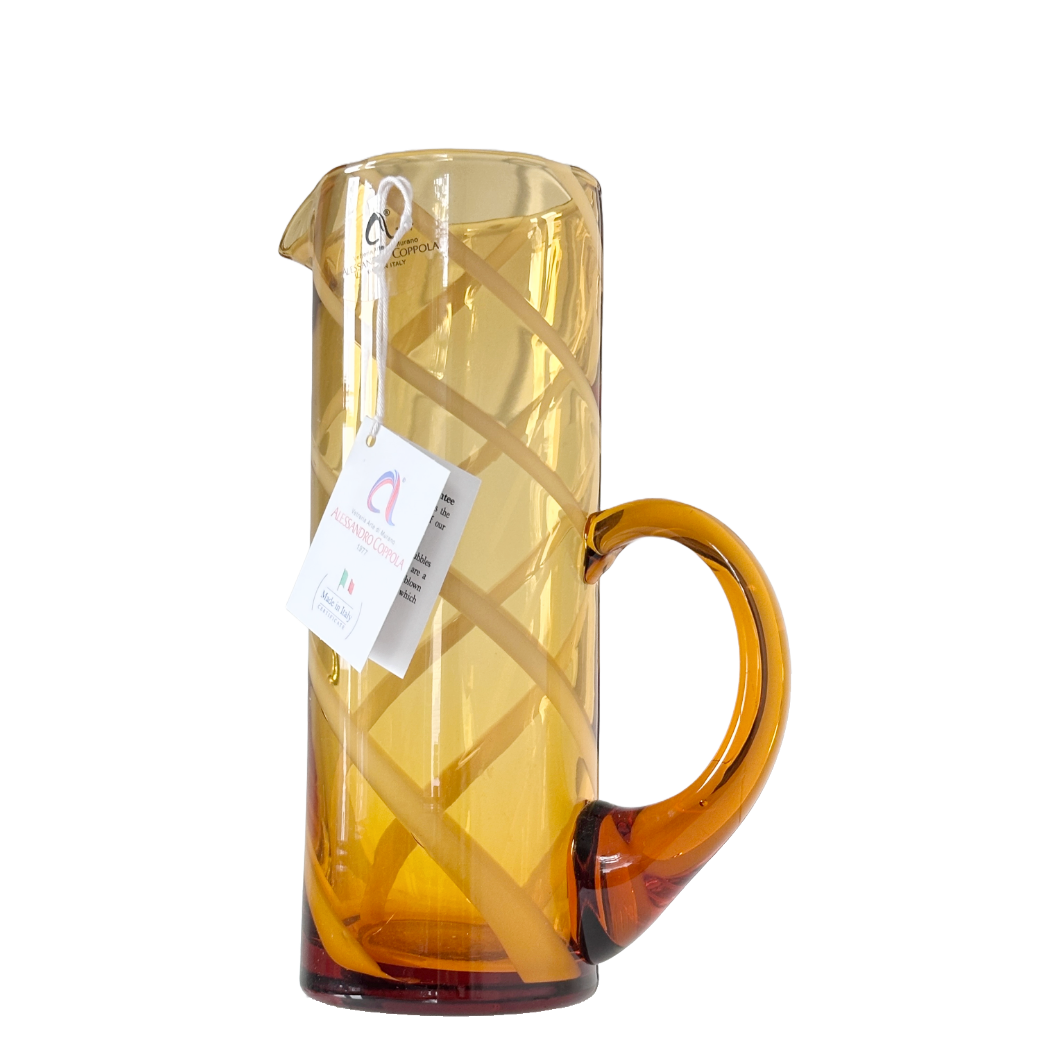 Hand Blown Glass Pitcher Amber Gold w/Milky White Swirl Unique Elongated Handle