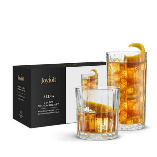 JoyJolt Alina 8 Piece Ribbed Glass Drinkware Set 4 Highball & 4 Drinking Glass