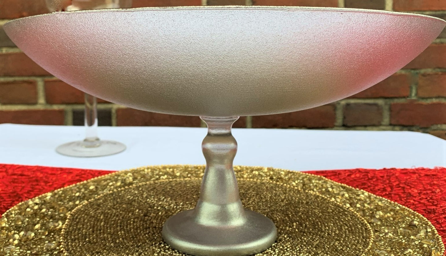 Large Glass Bowl on Silver Pedestal Bold Red W/Gold Crackled Ombre Rim 16" x 7