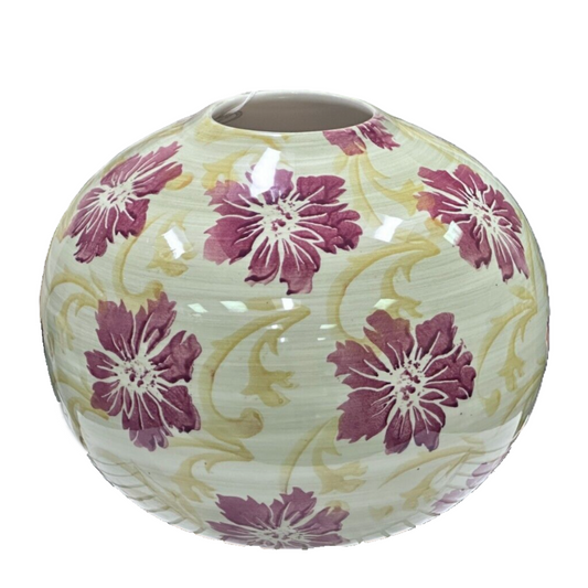 Large Round Hand Painted Ceramic Vase Sage Green & Yellow with Large Red Flowers