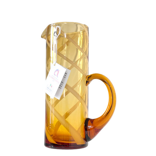 Hand Blown Glass Pitcher Amber Gold w/Milky White Swirl Unique Elongated Handle