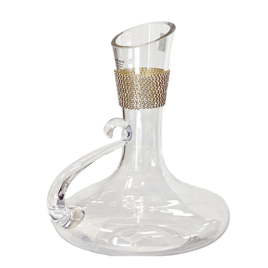 Wine Decanter, Glass Carafe, w/Handle & Sparkling Gold Crystal Rhinestone Collar