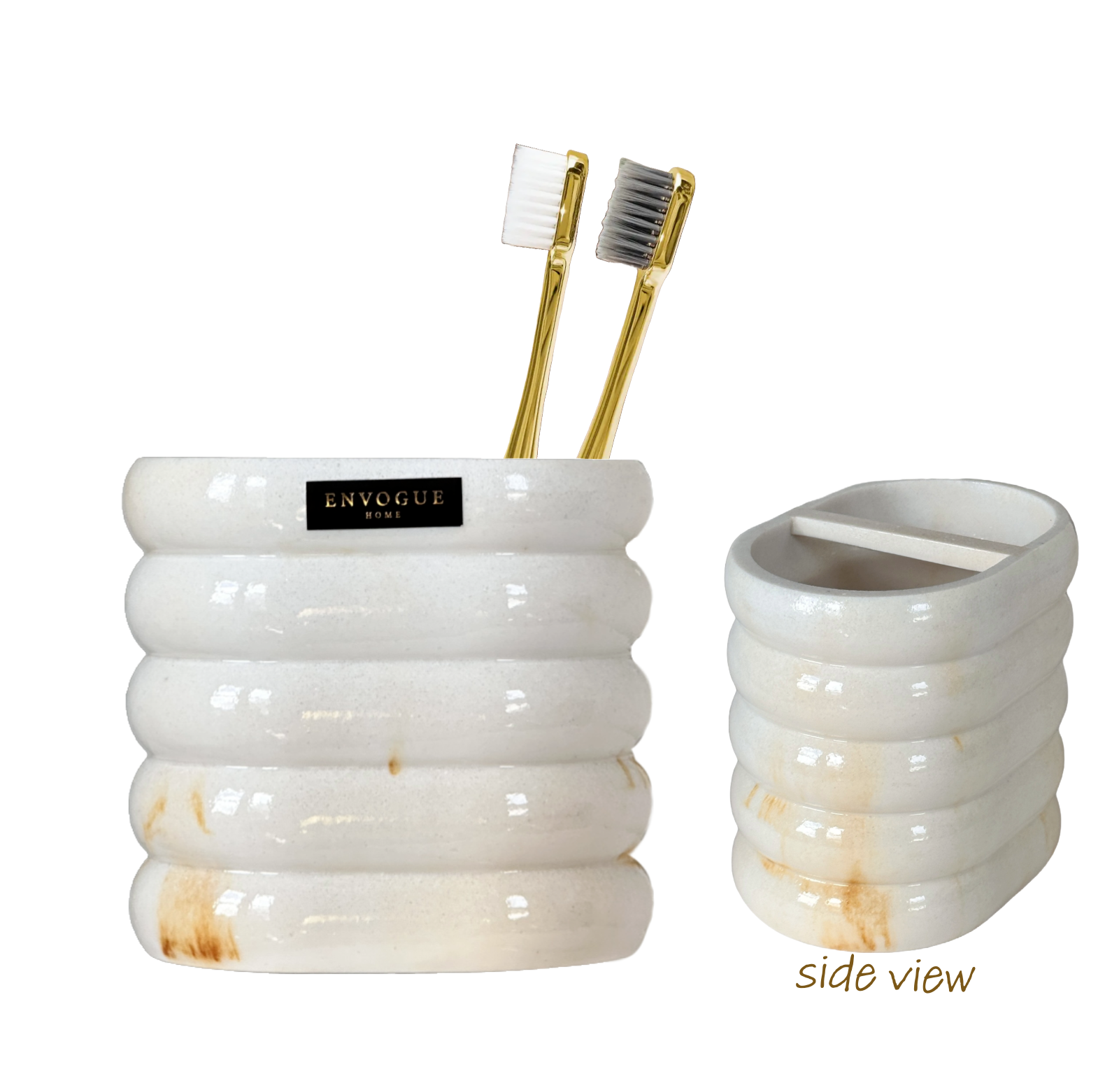 Toothbrush Holder Double Sided White w/Gold Streams Ribbed Pattern by Envogue