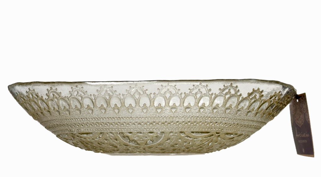 Serving Bowl Oval Clear Gold Glass Lace Pattern Handmade by Artistic Accents