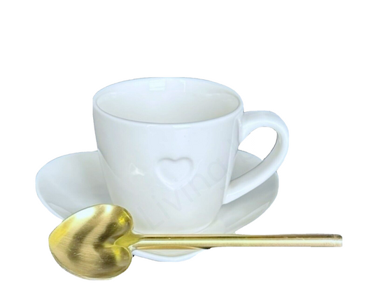 Espresso Coffee Cup & Saucer White Porcelain Heart Shaped w/Gold Heart Spoon 3PC