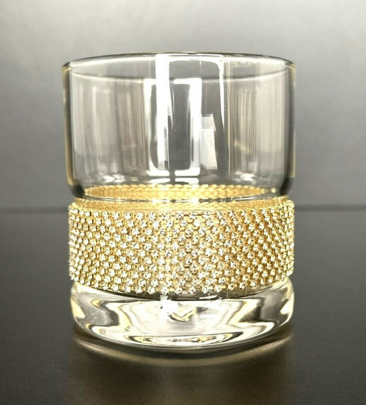 Whiskey Glass, Old Fashioned w/ Gold Rhinestone Crystal Band Stemless Wine Set/4