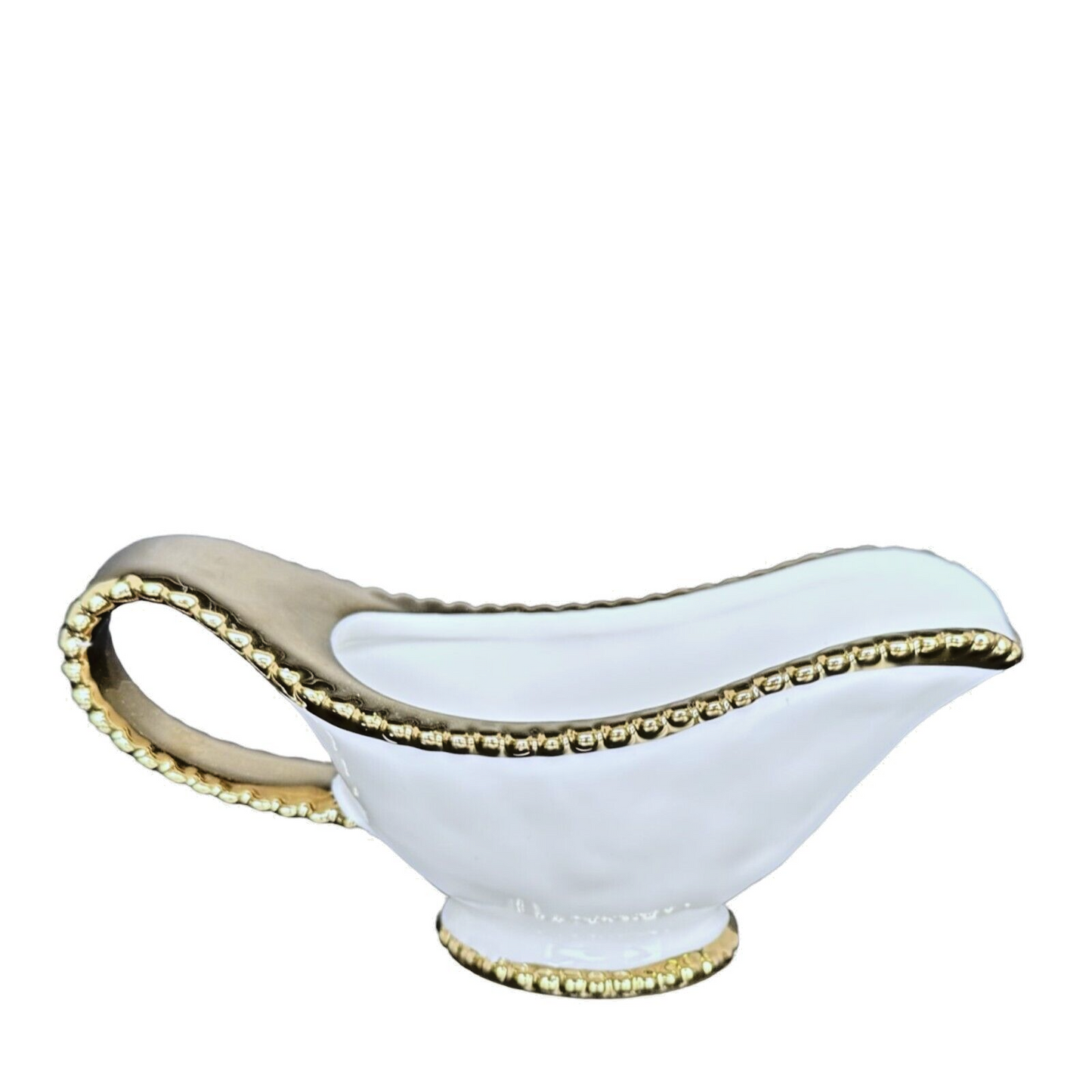 Serving Creamer, Syrup, Gravy, White Bone China w/Gold Beaded Handle, Base & Rim