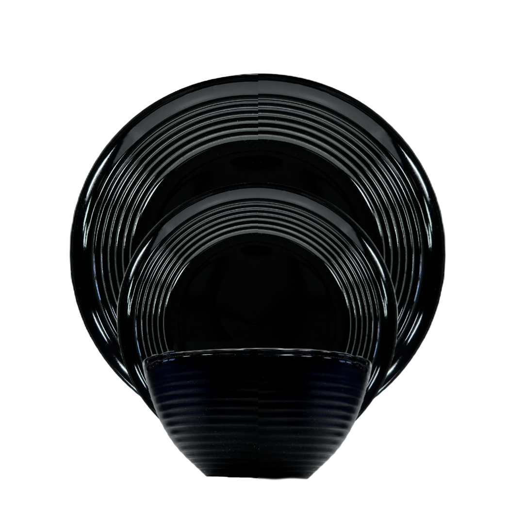 Soho Living Portland 12pc Stoneware Dinner Set Ribbed Glossy Black Finish