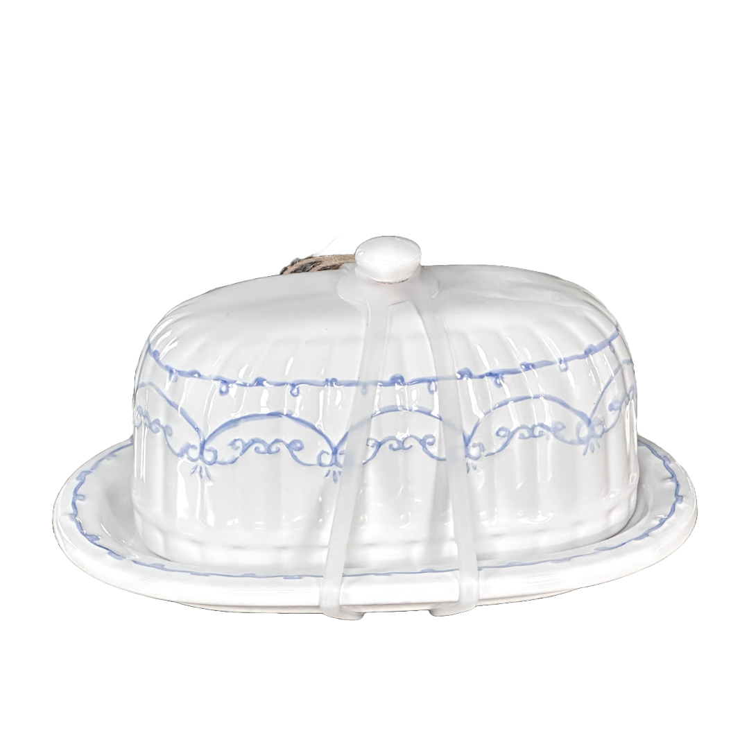 10 Strawberry Street Ceramic Butter Dish Off White with Blue Accents Ribbed Body