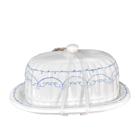 10 Strawberry Street Ceramic Butter Dish Off White with Blue Accents Ribbed Body