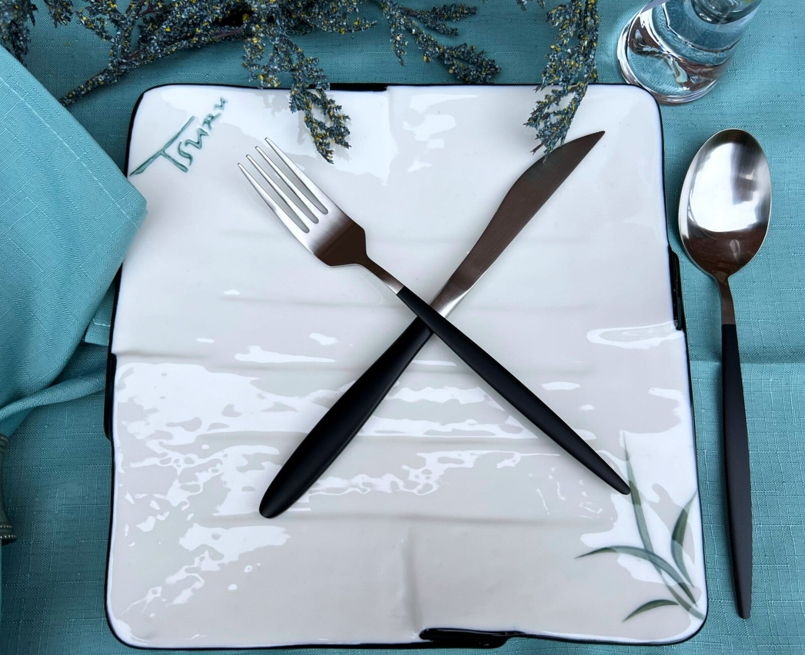 Square White Porcelain Plate Hand Painted Bamboo Leaves & Elegant Black Trim x6