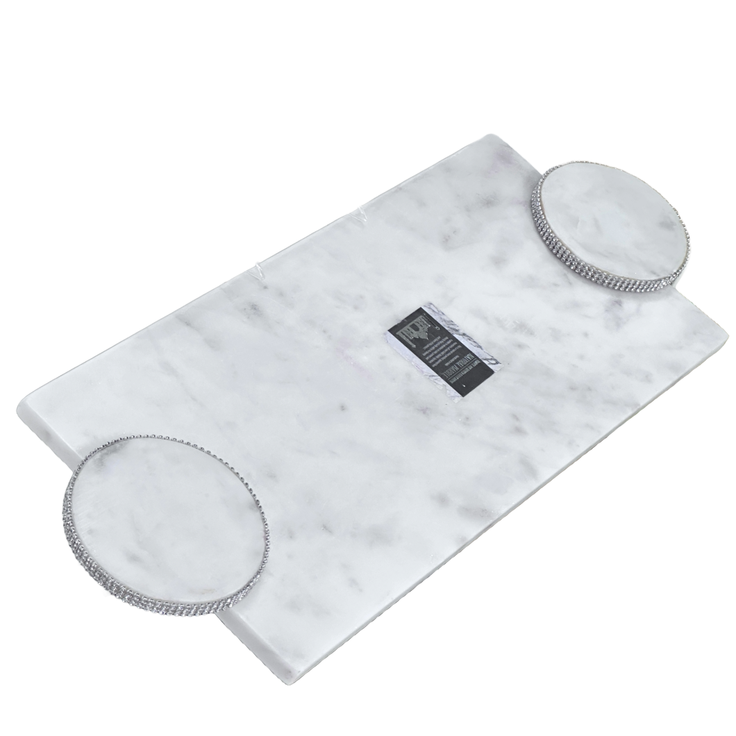 Marble Charcuterie Serving Board Dessert Tray 2 Raised Platforms w/Crystals 21x8