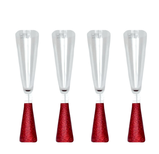 Champagne Glass Flute Tapered Sparkling Glitter Red Stem Set of 4 Christmas Red