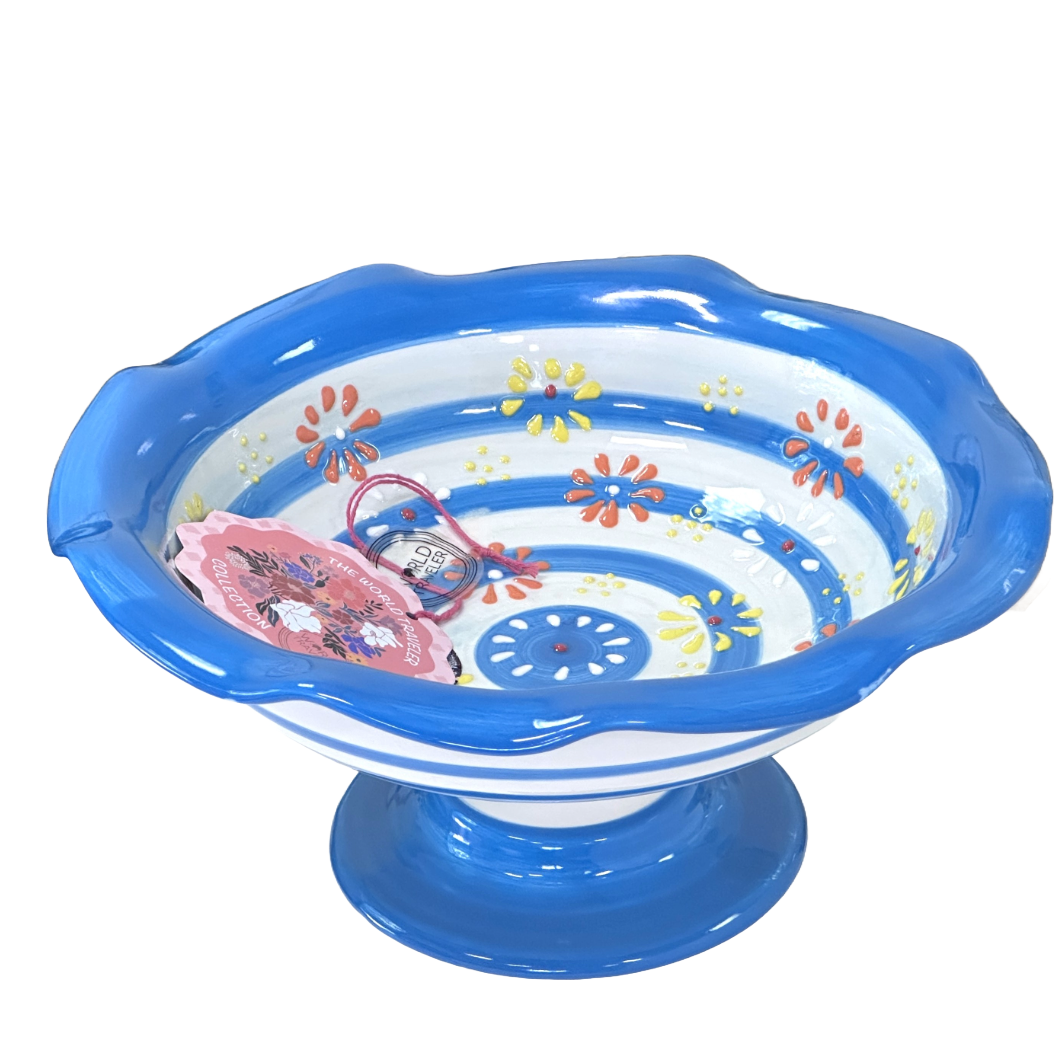 Fruit Bowl w/Pedestal Hand-Painted Vibrant Blue w/Raised Flowers & Blue Stripes