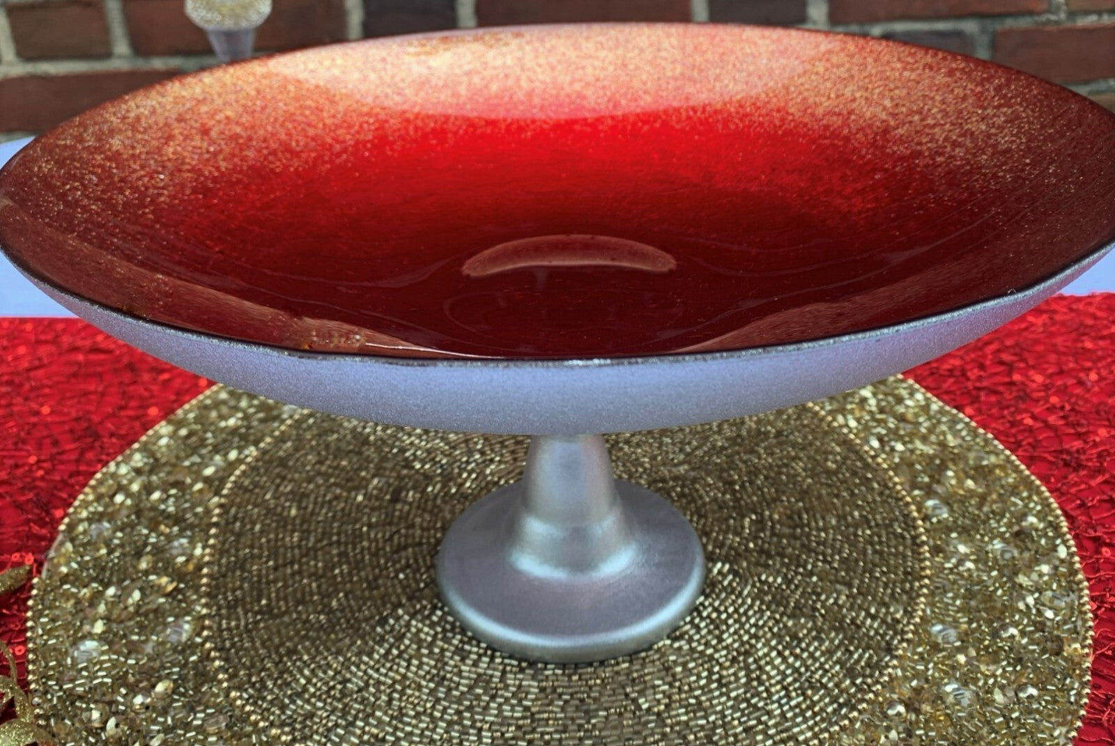 Large Glass Bowl on Silver Pedestal Bold Red W/Gold Crackled Ombre Rim 16" x 7