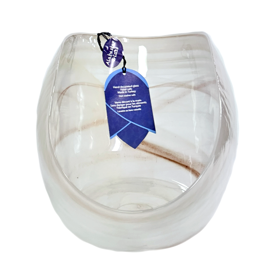 Alabaster Curved Decorated Bowl Hand Decorated Translucent Cream & Taupe Swirls