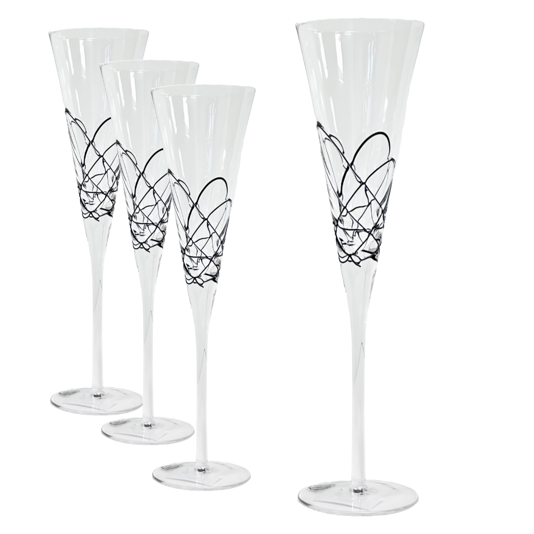 Champagne Glass Flute with Raised Black Abstract Swirls Handmade Premium Quality