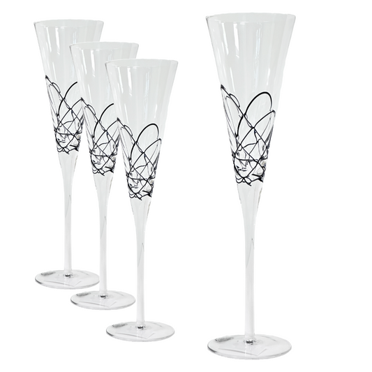 Champagne Glass Flute with Raised Black Abstract Swirls Handmade Premium Quality