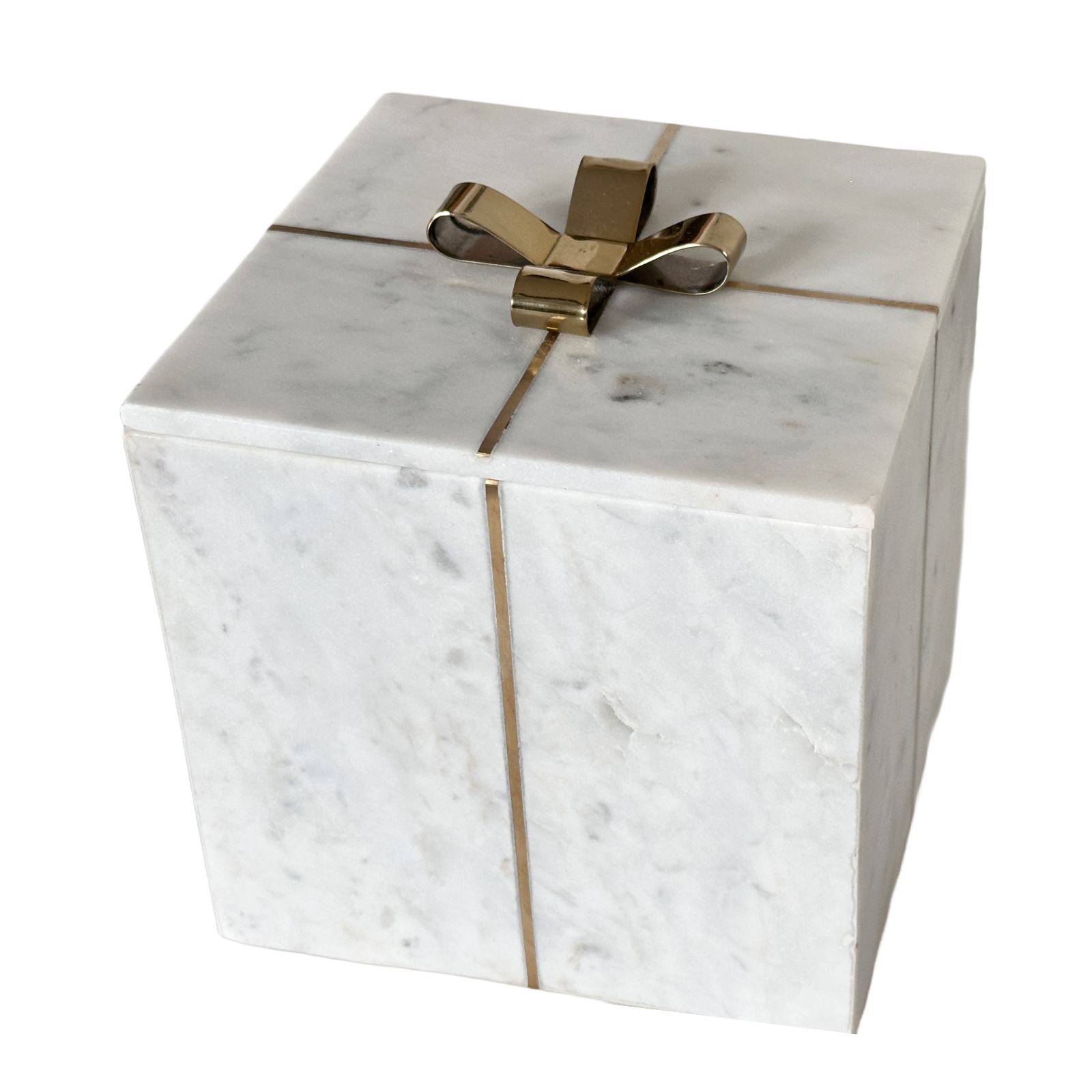 Marble Square Gift Box with Brass Bow & Ribbon on a Removable Lid  7x7x7