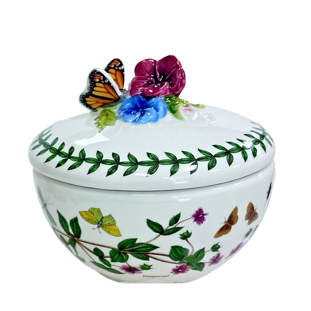 PORTMEIRION Trinket Box w/Lid Botanic Garden Bouquet Vibrant Flowers & Butterfly