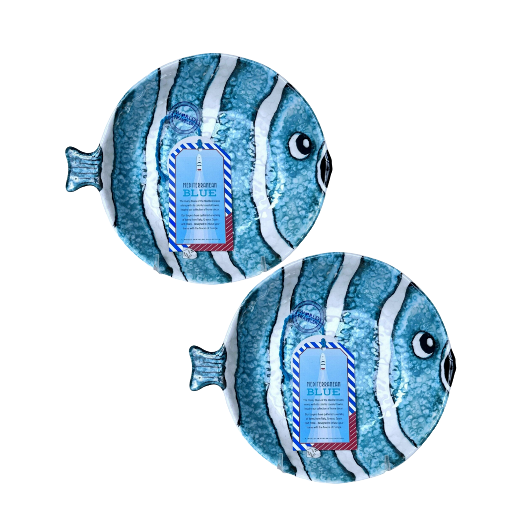 Fish Shaped Mediterranean Bowl Handpainted Aqua Blue w/White Stripes Made Italy