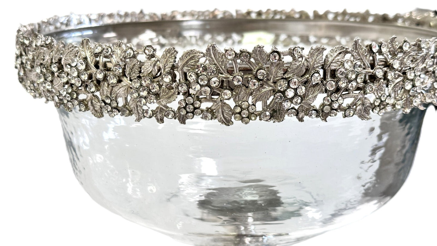 Tall Pedestal Fruit Salad Bowl Clear Glass Silver Base & Silver Crystal Rim