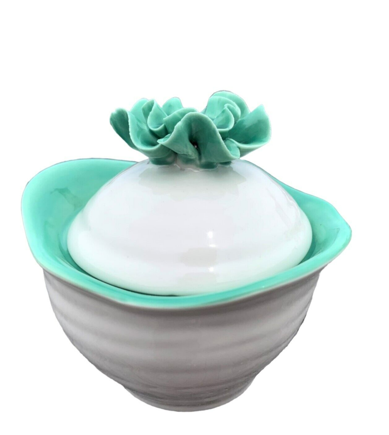 Grace's Teaware 3 PC Tea Set, White Porcelain w/3D Turquoise Floral Lid/Trim