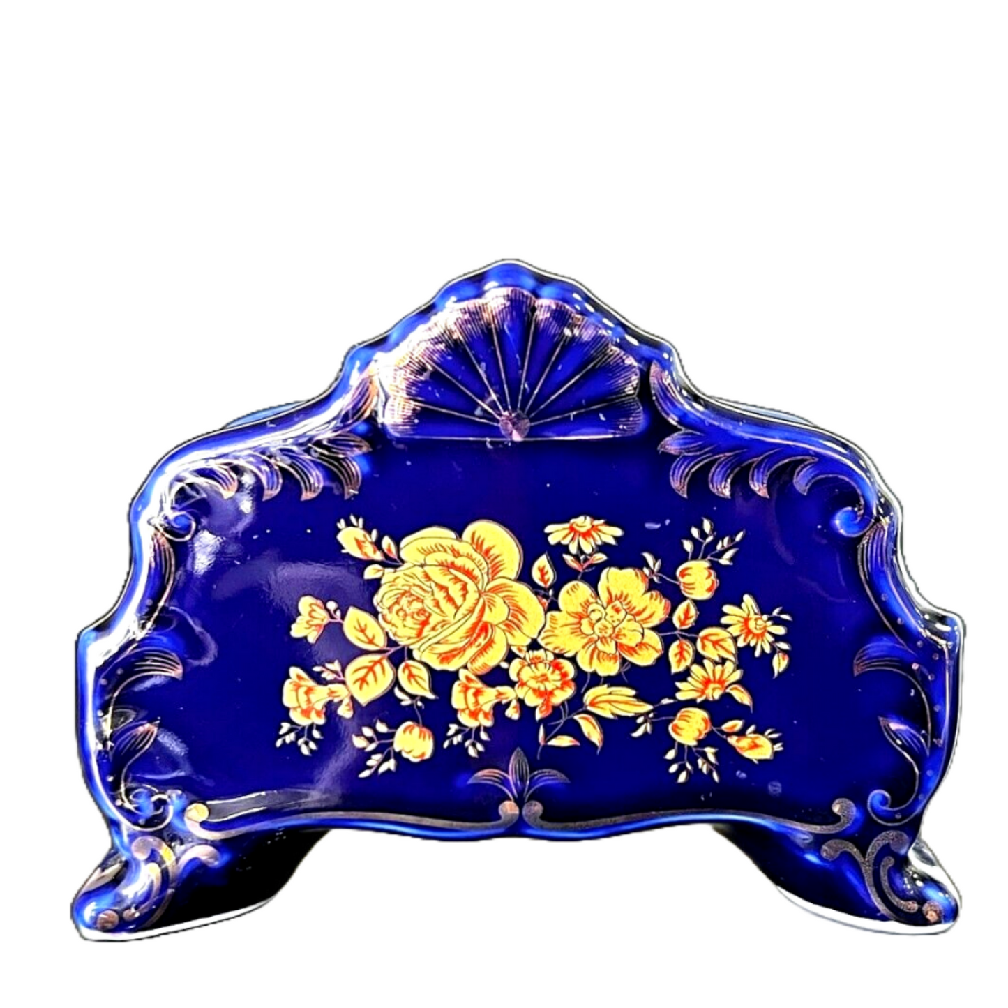 Napkin Holder, Cobalt Blue Scalloped Porcelain Napkin Holder w/Gold Flowers/Trim