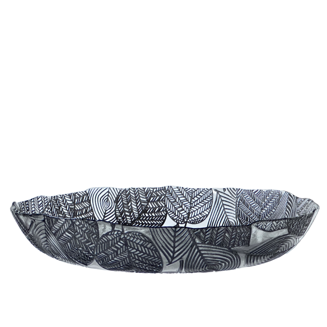 Black Bowl Transparent Glass w/Raised Black Leaves & Wavy Rim Artistic Accents