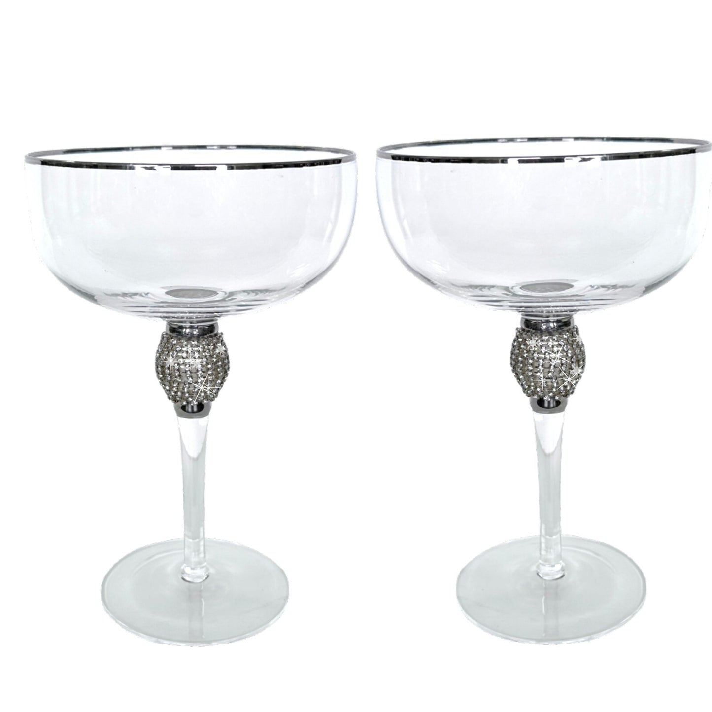 Champagne Glass Saucer/Coupe, Stemmed w/Large Silver Bling Ball & Silver Rim X2
