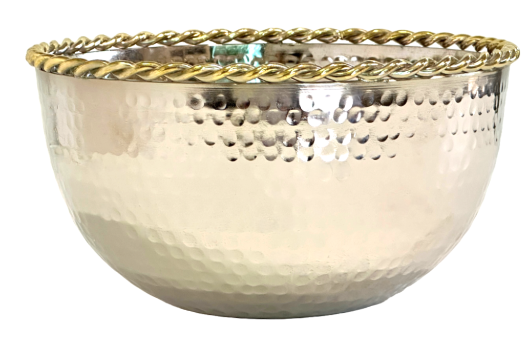 Large Round Bowl, Hammered Silver Metal & Gold Metal Rope Trim, Fridgerator Safe