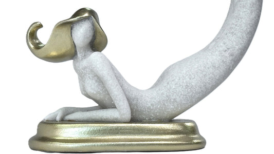 Mermaid Sculptures, Bookends, Stylish White Stone w/Gold Hair on a Gold Platform