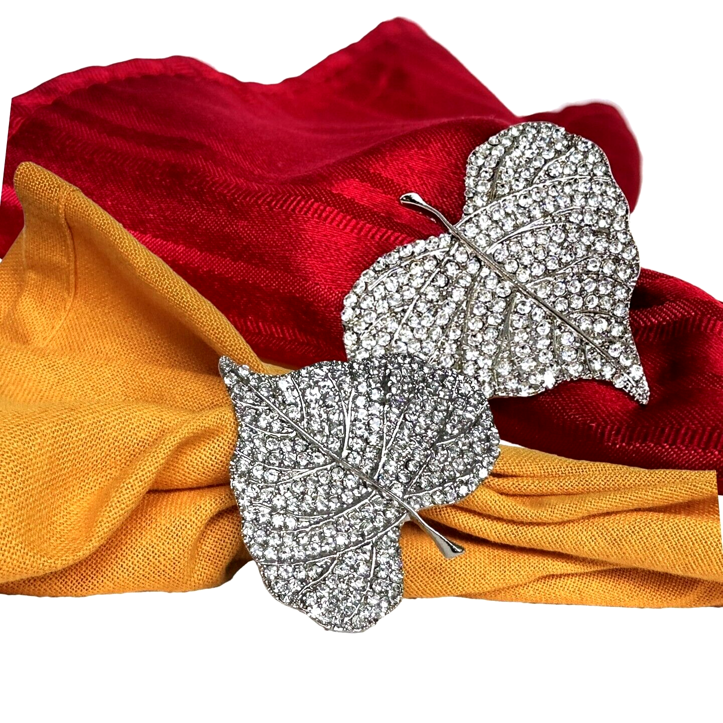 Napkin Rings Sparkling Silver Crystal Fall Leaves, by Tahari Set of 4