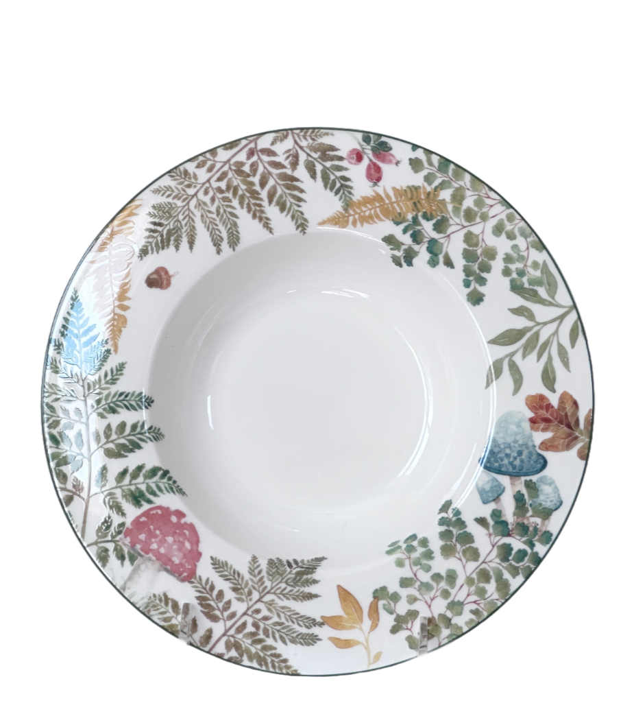 Pasta Soup Bowl White Bone China w/Colorful Forest Mushroom & Fern Rim by Gracie