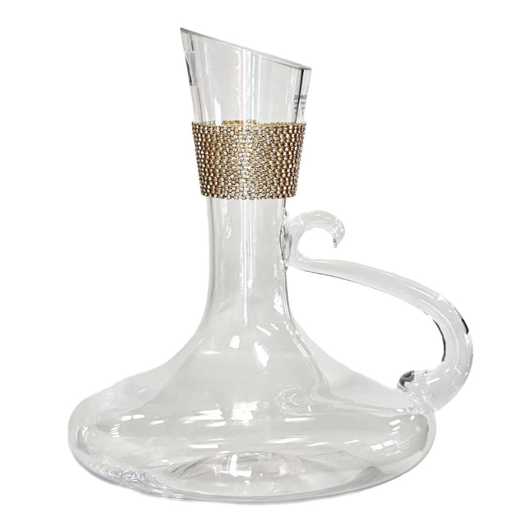 Wine Decanter, Glass Carafe, w/Handle & Sparkling Gold Crystal Rhinestone Collar