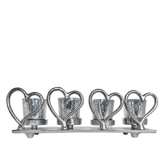 4 Antique Inspired Glass Votive Candle Holders on Metal Base with 4 Metal Hearts