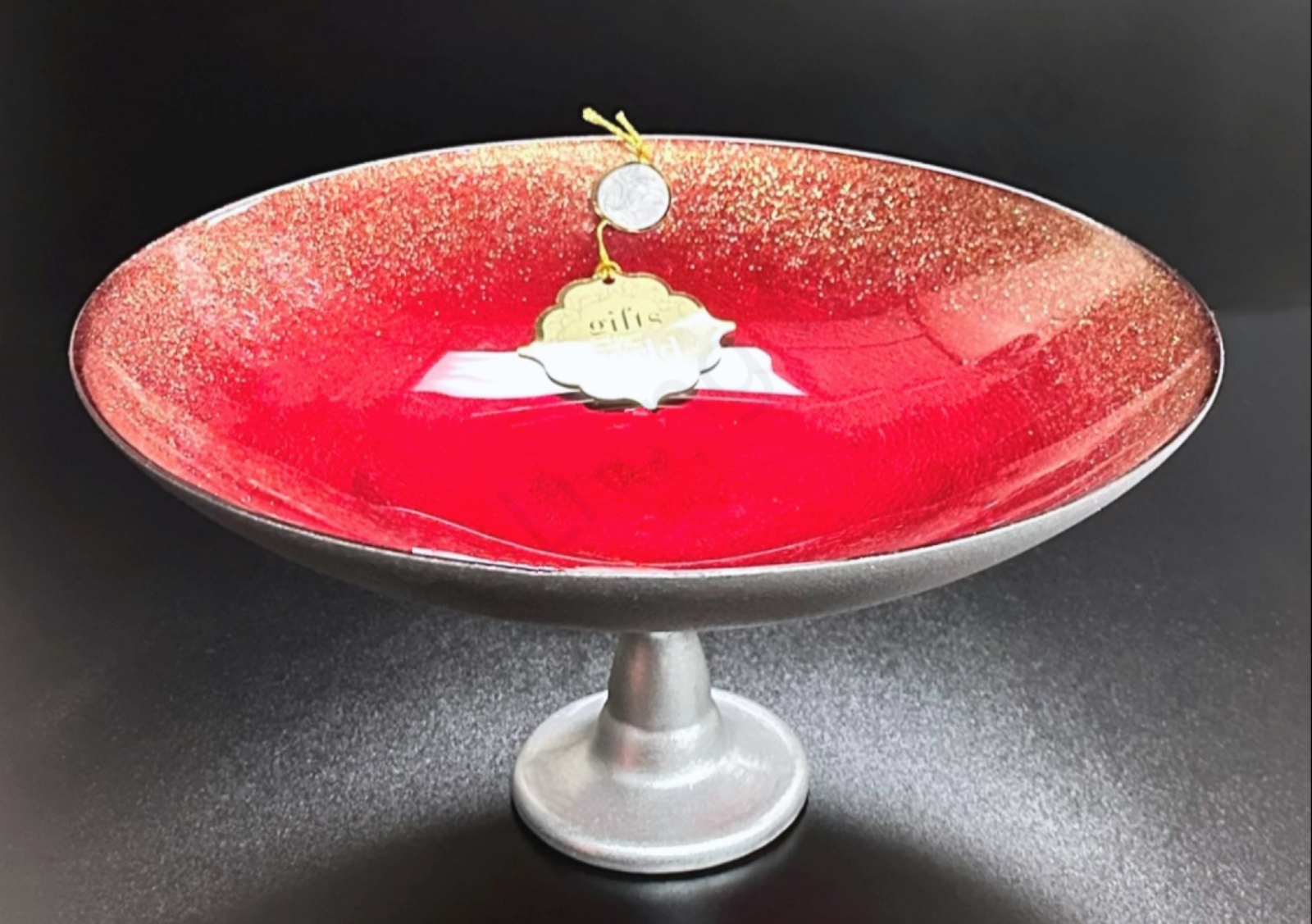 Large Glass Bowl on Silver Pedestal Bold Red W/Gold Crackled Ombre Rim 16" x 7