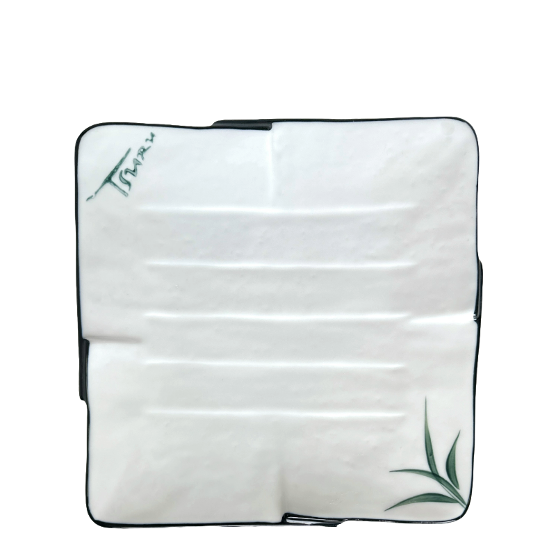 Square White Porcelain Plate Hand Painted Bamboo Leaves & Elegant Black Trim x6