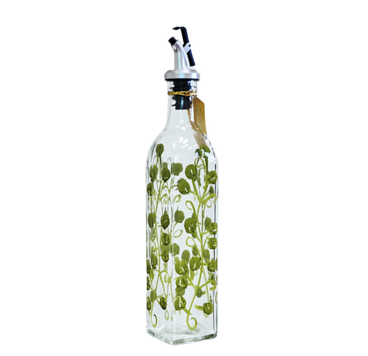 Olive Oil Vinegar Dispenser Glass Bottle Hand Painted Olive Branches Pour Spout