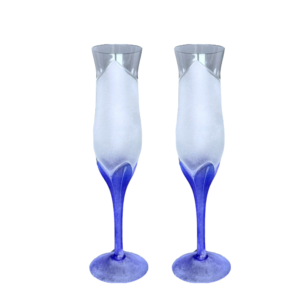 Champagne Flute, Cordial, Frosted Glass Tulip Shape, Frosted Cobalt Blue Stem x2