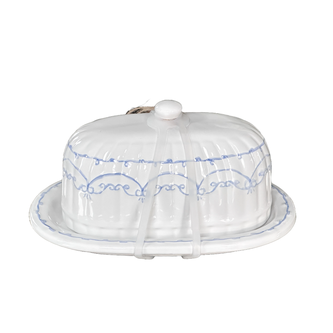 10 Strawberry Street Ceramic Butter Dish Off White with Blue Accents Ribbed Body