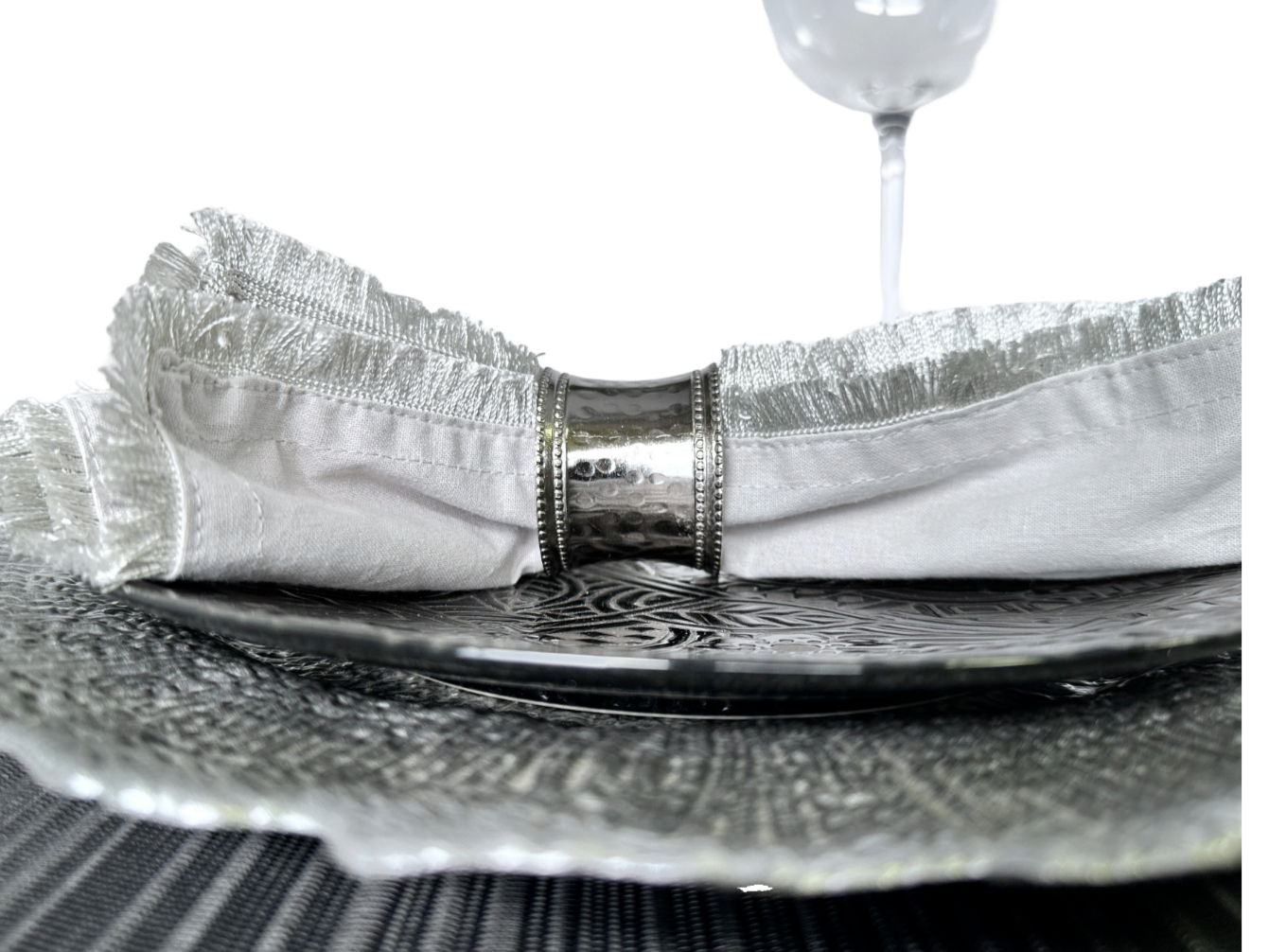 Silver Napkin Rings, Round Band Wide Hammered Cuff with Double Beaded Rim Set/4