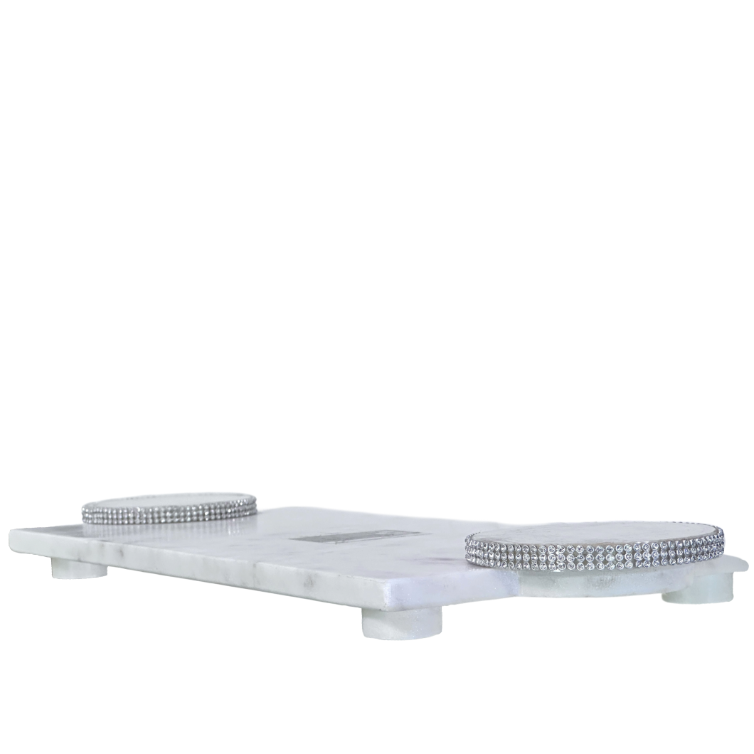 Marble Charcuterie Serving Board Dessert Tray 2 Raised Platforms w/Crystals 21x8